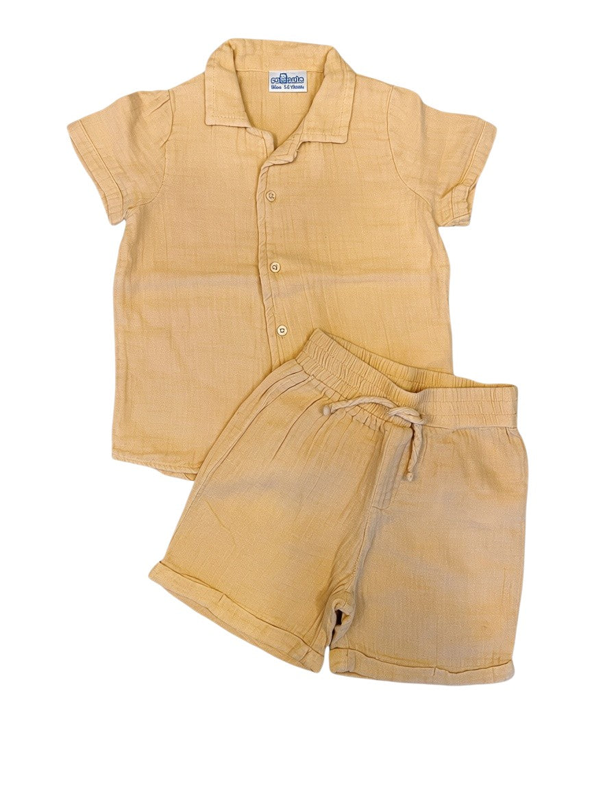 So Cute Ensemble: Matching Collared Shirt & Shorts in Tan size 12-18M - second hand baby clothing