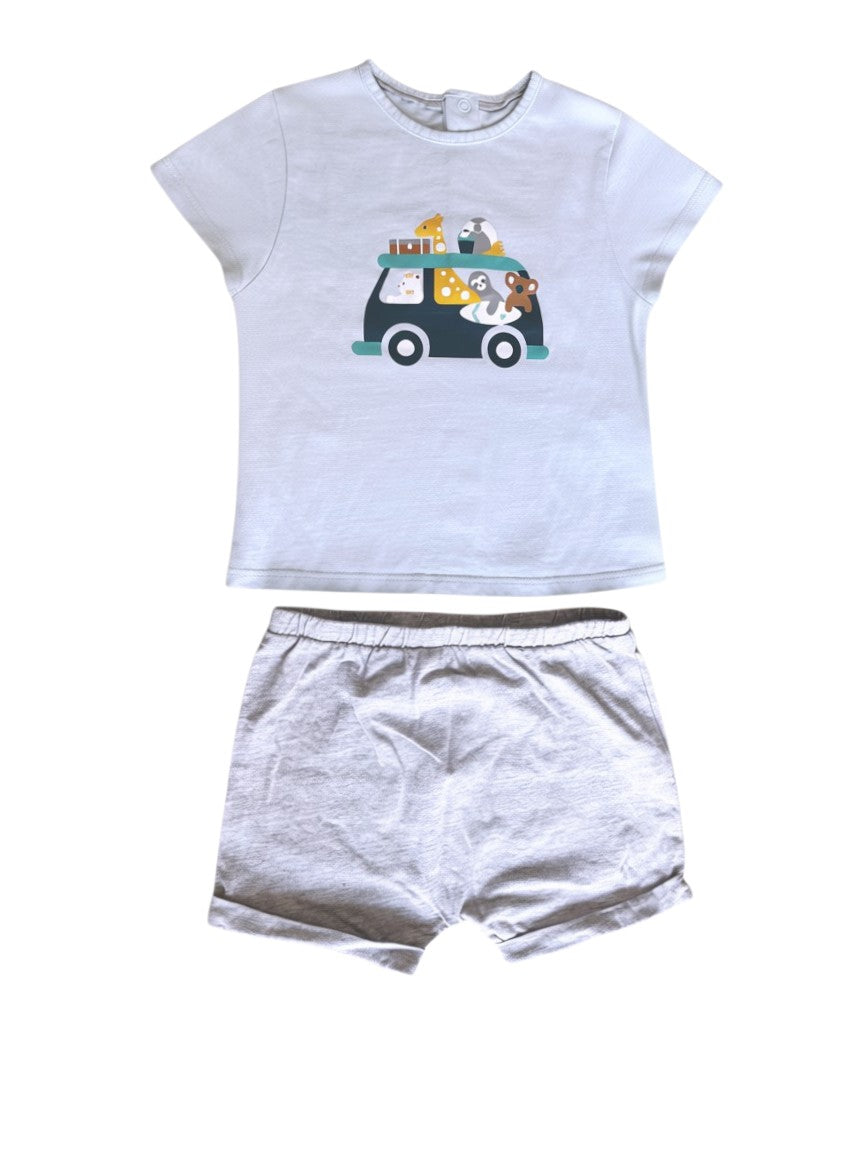 Obaïbi Ensemble: Animal T-Shirt & Grey Shorts size 23M - second hand baby clothing