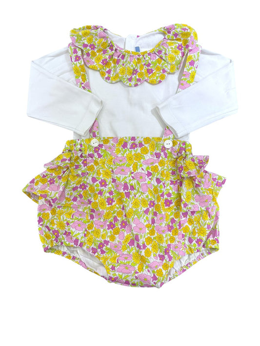 Jacadi White Long-Sleeve Bodysuit with Liberty Floral Ruffle & Floral Overalls set (18-24M)