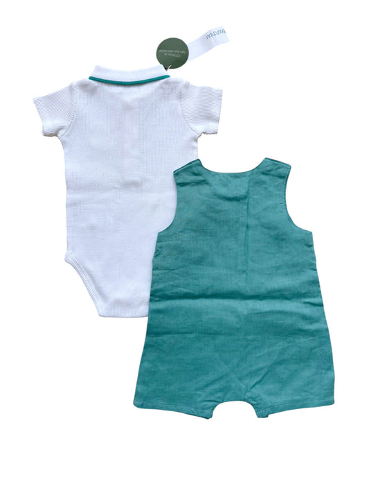 Boutchou White Polo Green Linen Outfit Set (6M)