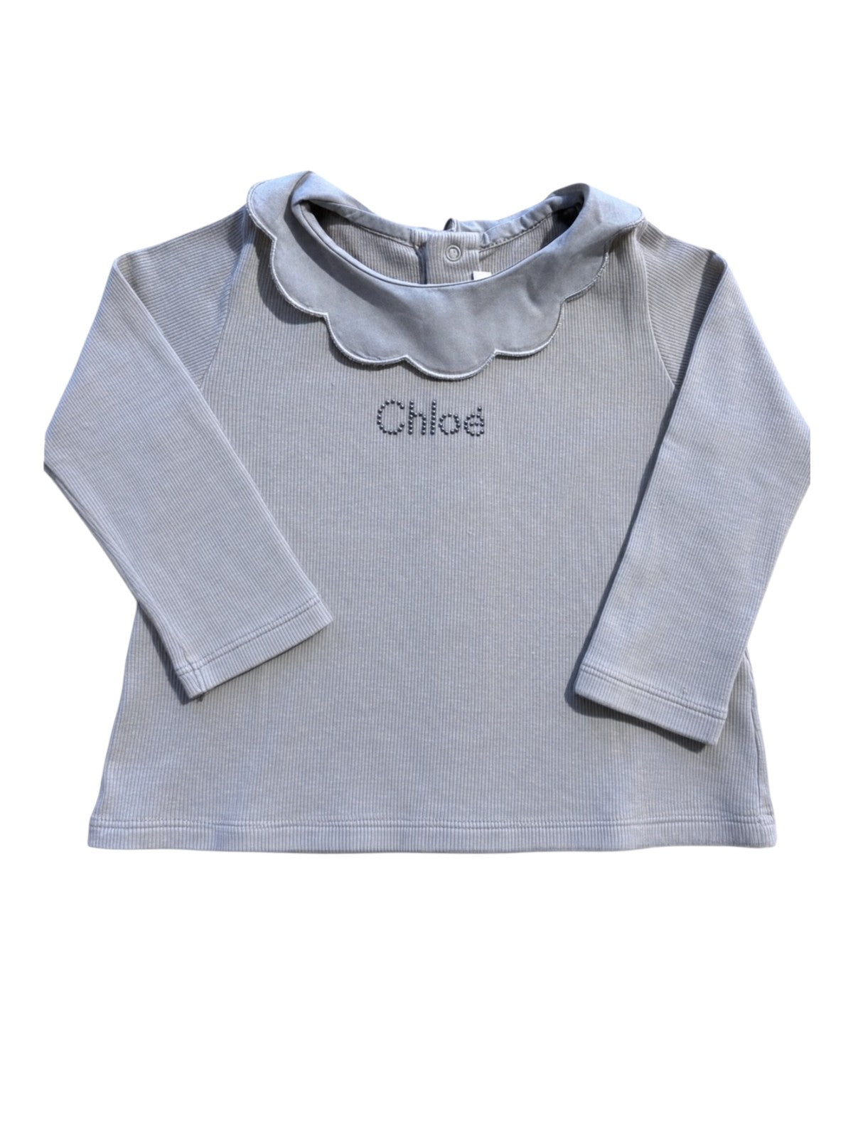 Chloé Girl Grey Scalloped Collar Ribbed Cotton Logo Top, 9M - second hand baby clothing
