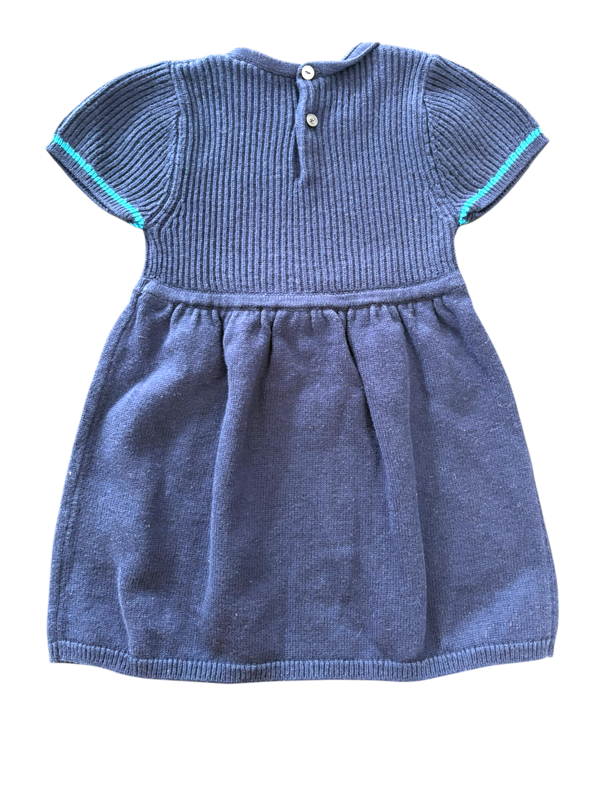 Jacadi Girl Navy Teal Bow Ribbed Knit Dress, 23M - second hand baby clothing
