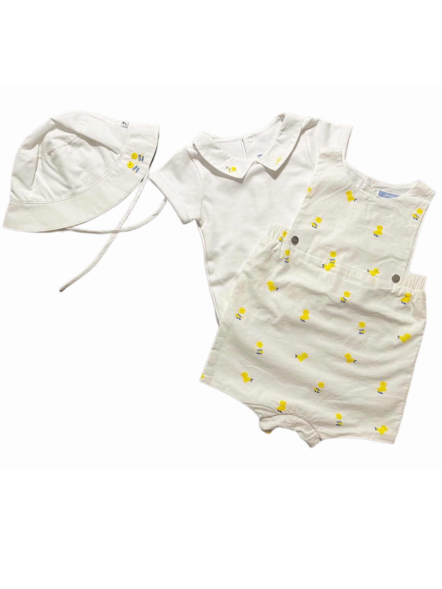 Jacadi Ensemble: Duckling Motif Bloomers, Bodysuit & Sunhat (6M)