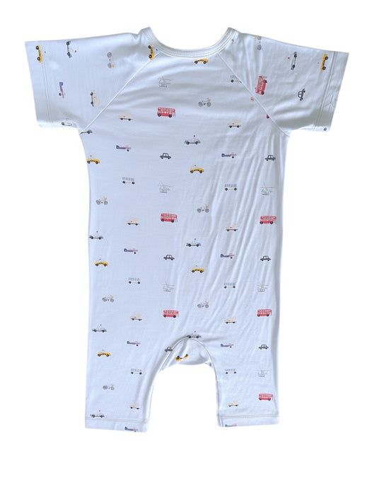 lilulila White Vehicle Print Bamboo Zip Romper size 18-24M - second hand baby clothing