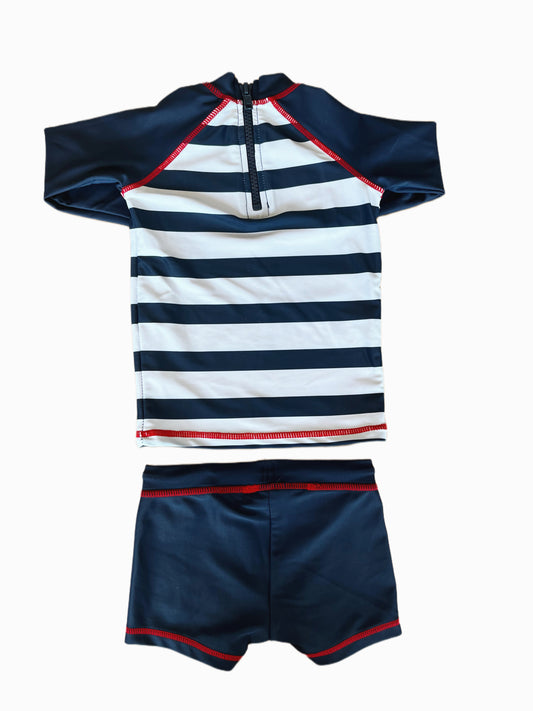 Next Swim Ensemble: Blue & White Striped Shirt and Shorts (3-6M)