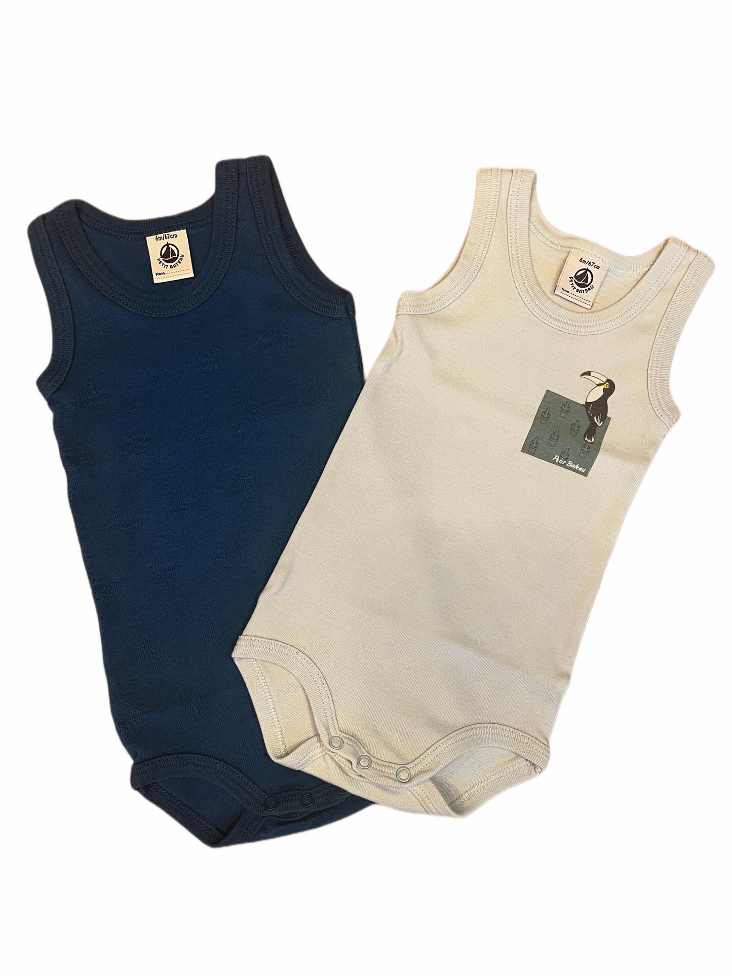Petit Bateau Bundle: 2 Sleeveless Bodysuits in Royal Blue & Light Blue (6M)
