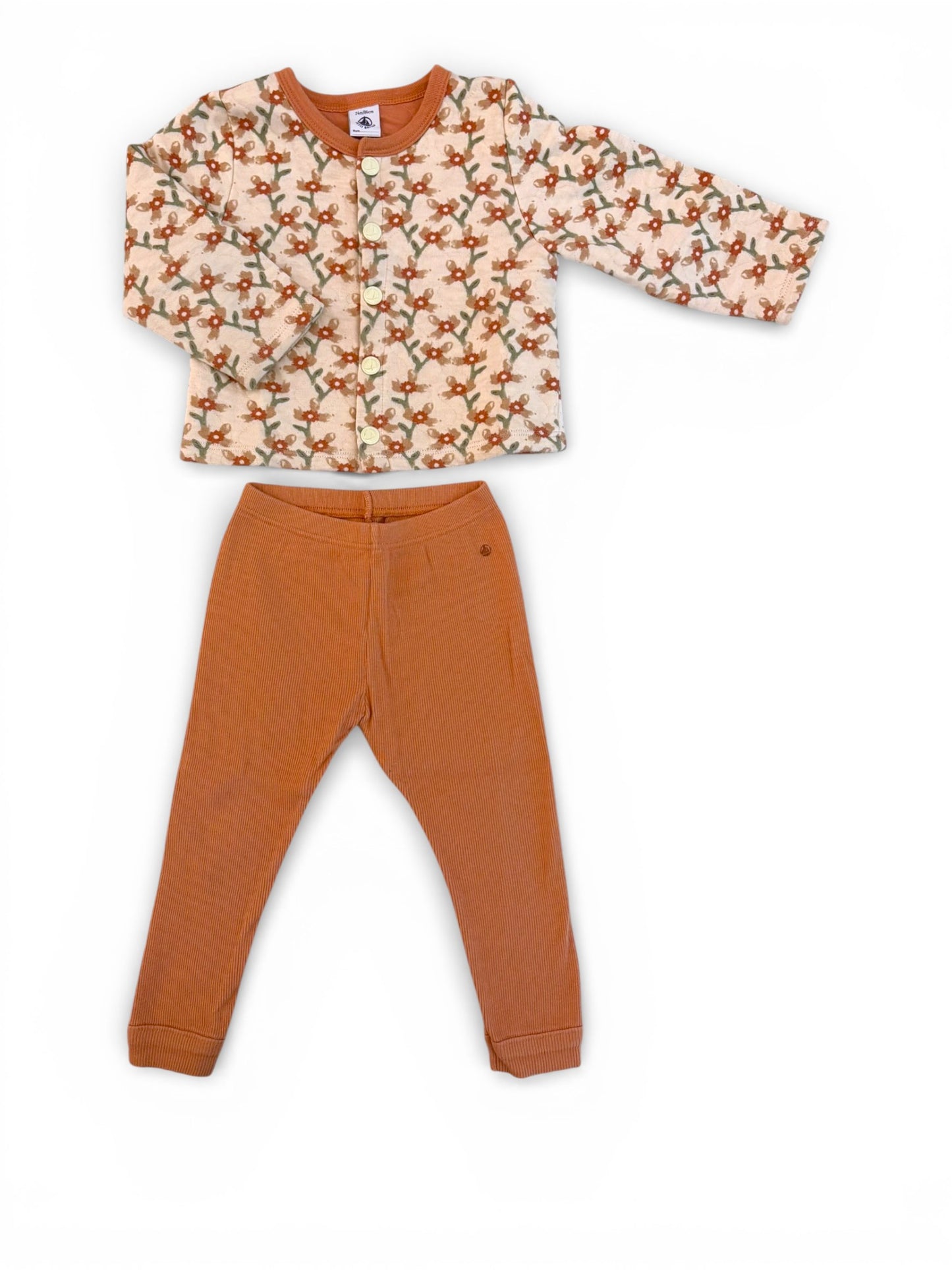 Petit Bateau Floral Cardigan & Rust Pants Set (24M / 86)