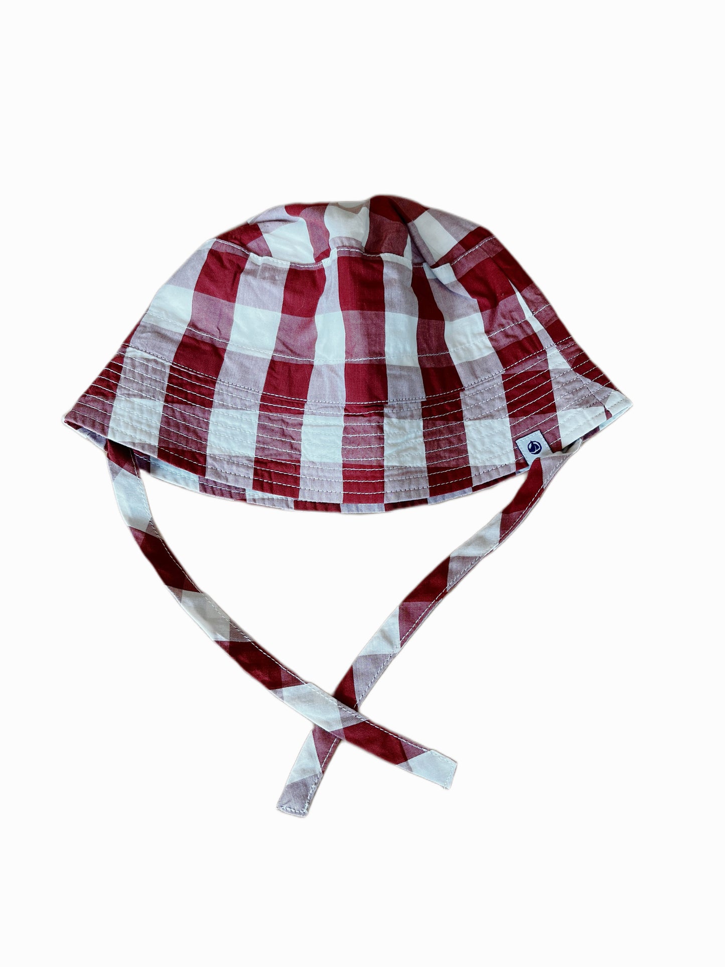 Petit Bateau Hat in Burgundy & White Gingham (3-6M)