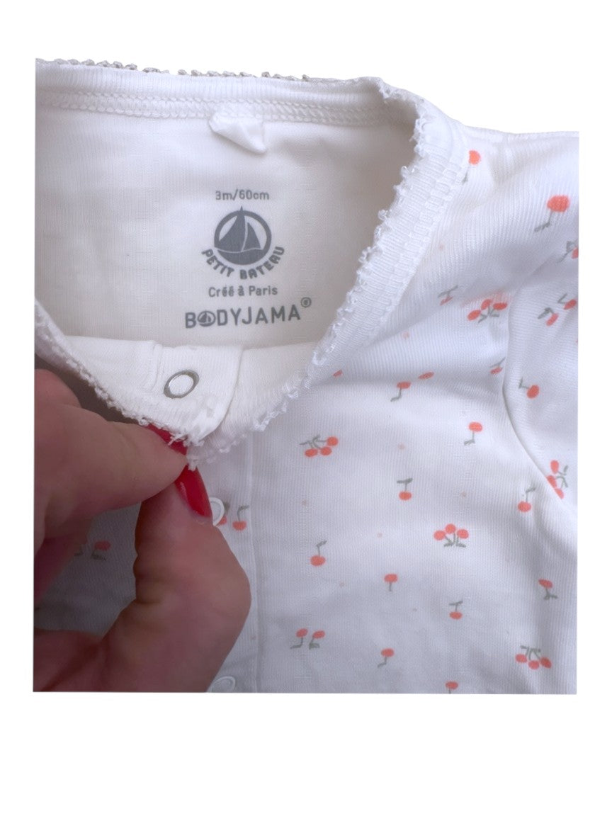 Petit Bateau Girl White Cherry Print Cotton Footed Pyjamas, 3M / 60 - second hand baby clothing