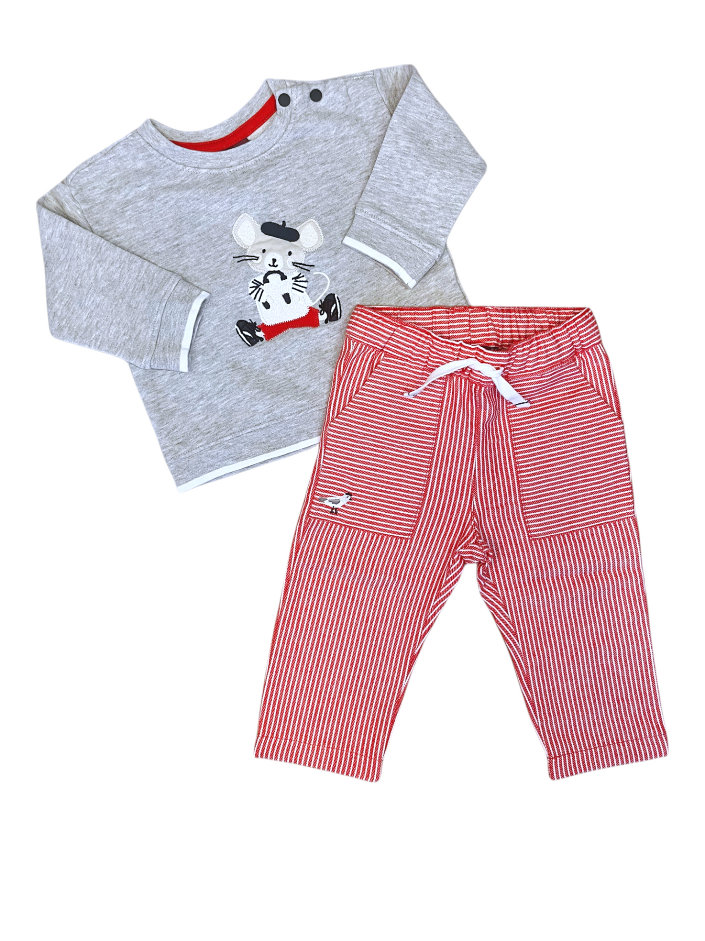 Sergent Major Ensemble: Drawstring Pants & Mouse Sweatshirt in Grey size 12M - second hand baby clothing
