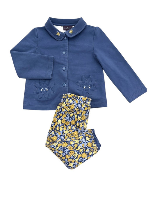 Sergent Major Girl Blue Sun Embroidered Jacket & Floral Leggings Set, 18M / 81 - second hand baby clothing
