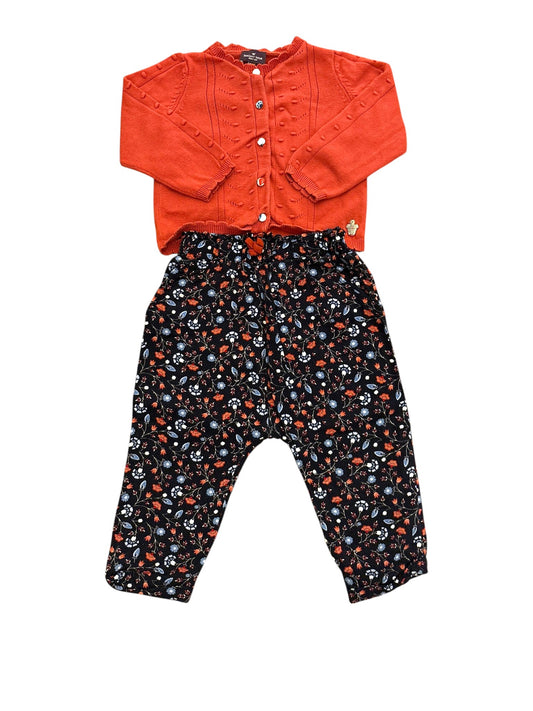 Sergent Major Girl Rust Pointelle Cardigan & Navy Floral Trousers Set, 12M / 74 - second hand baby clothing