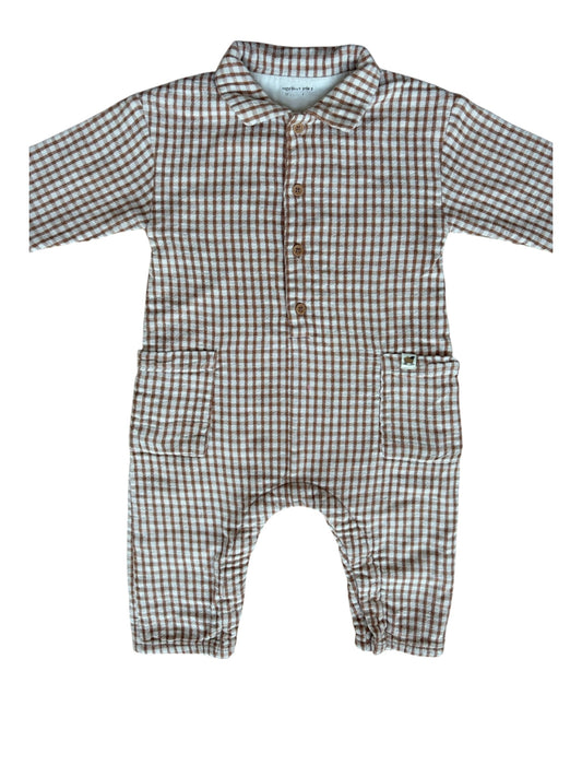 Vertbaudet Tan Gingham Playsuit size 12M - second hand baby clothing