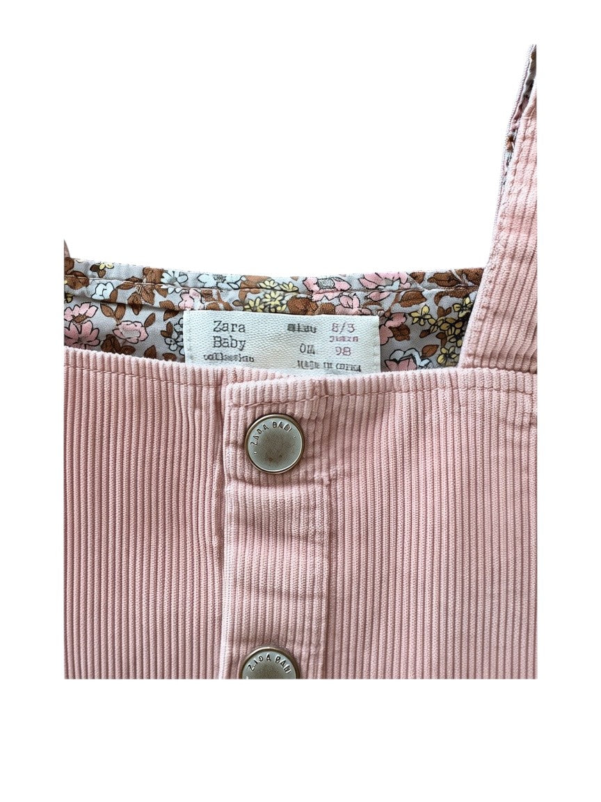 Zara Girl Dusty Pink Floral-Lined Corduroy Pinafore Dress, 2-3Y / 98 - second hand baby clothing