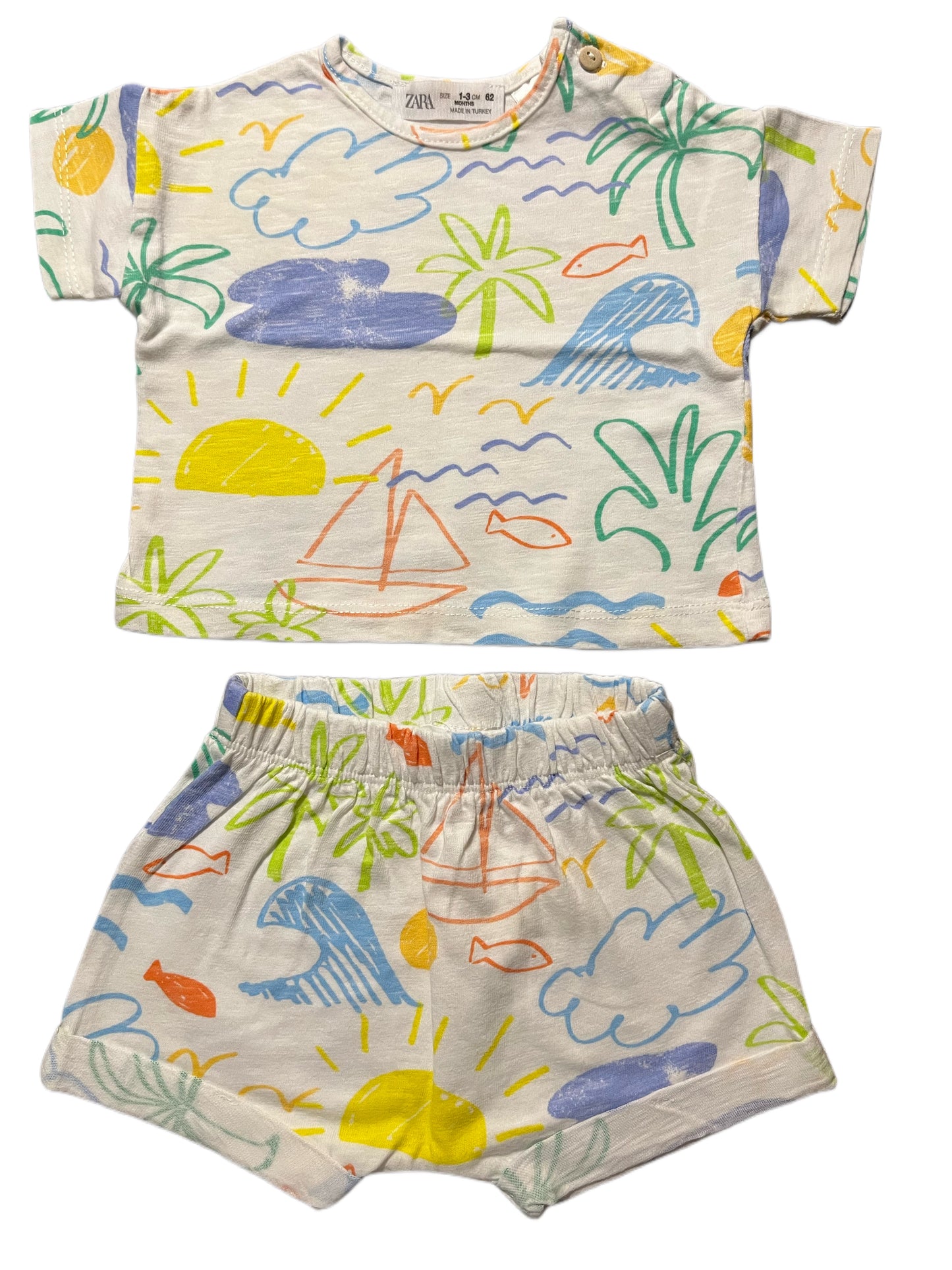 Zara Beach T-Shirt & Shorts Ensemble - Size 1-3 months, 62cm.
