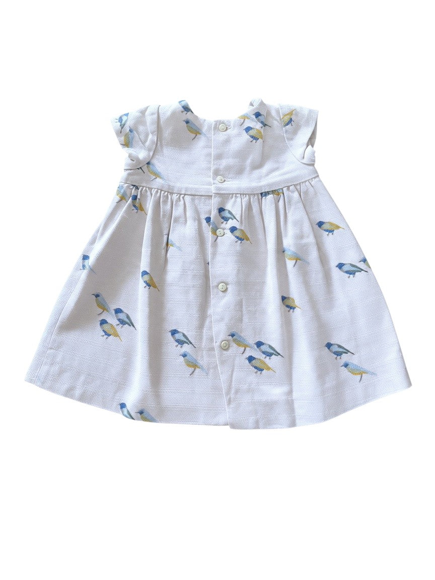 Zara Girl White Bird Print Textured Cotton Dress, 9-12M / 80