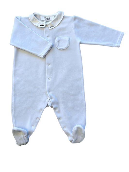 Bonpoint Boys Light Blue Velvet Footed Pajamas, 6M - second hand baby clothing