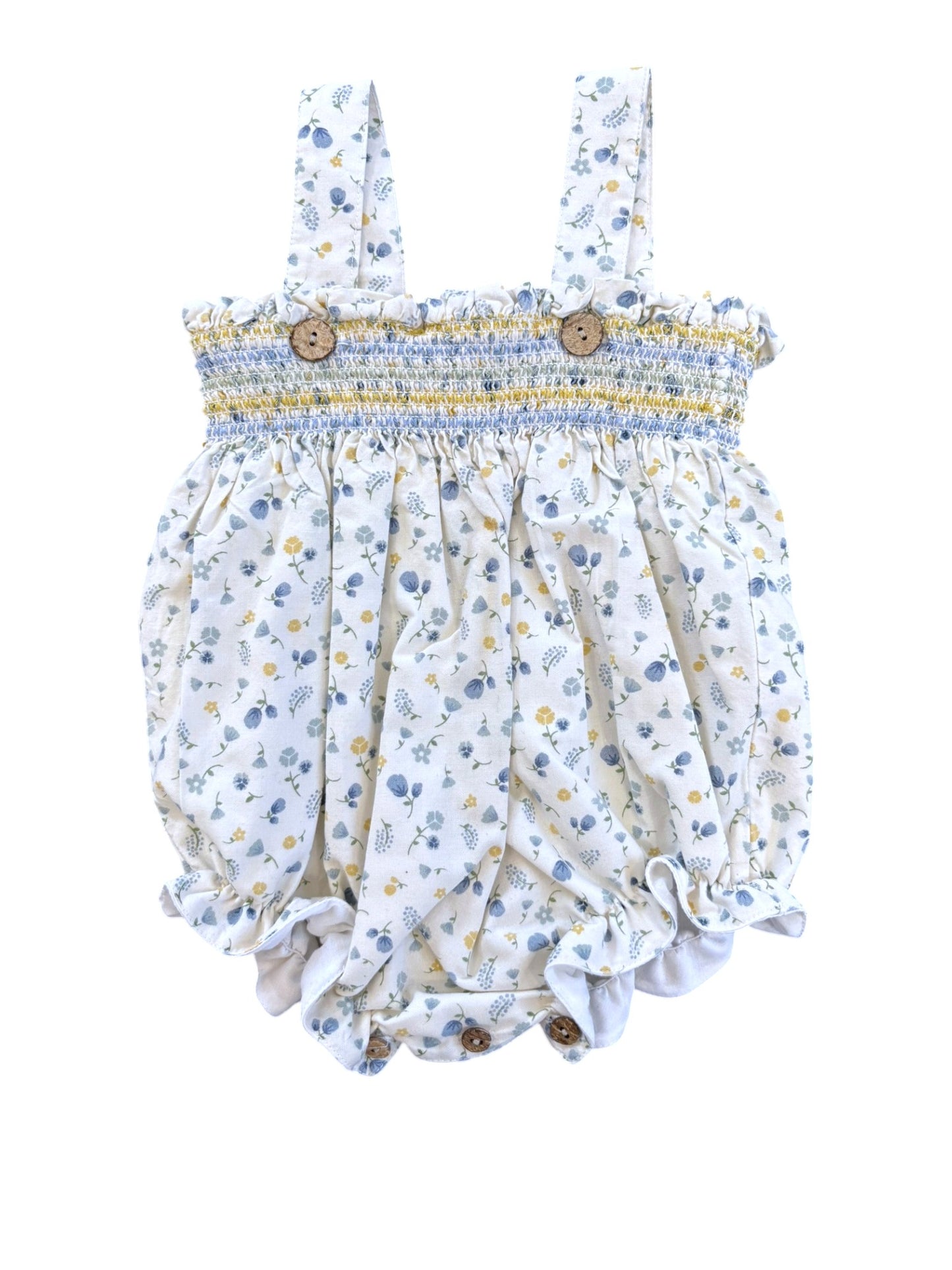Barboteuse smockée à fleurs blanches et bleues Doña Carmen (12 mois)