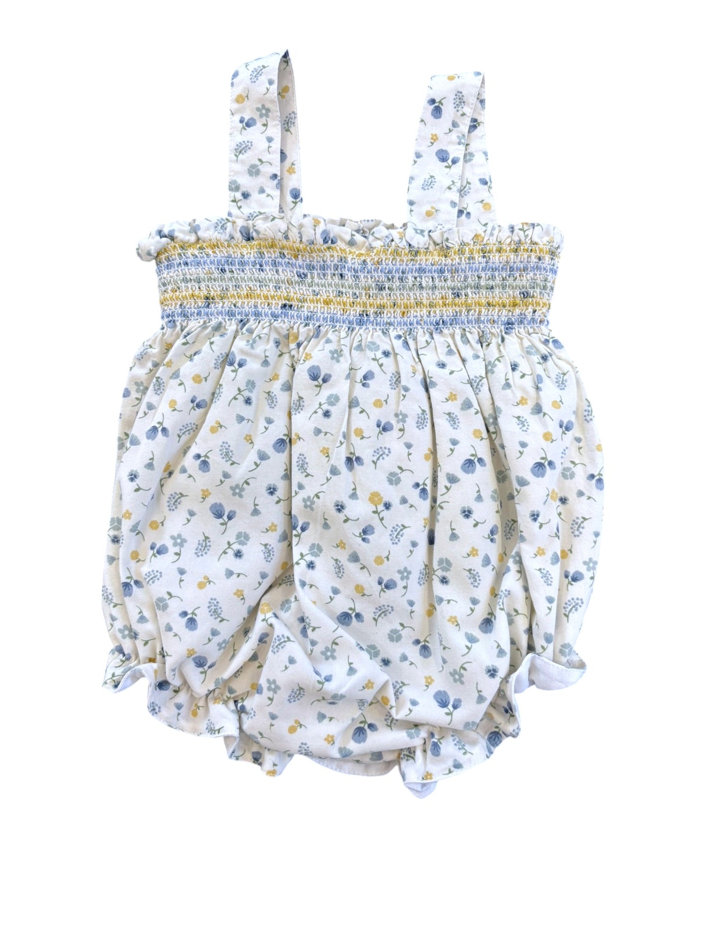 Barboteuse smockée à fleurs blanches et bleues Doña Carmen (12 mois)
