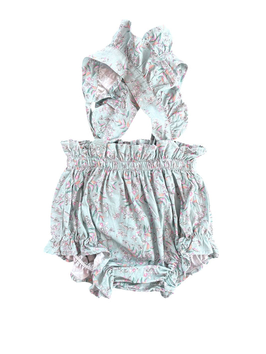 Doña Carmen Mint Floral Smocked Romper (6M)