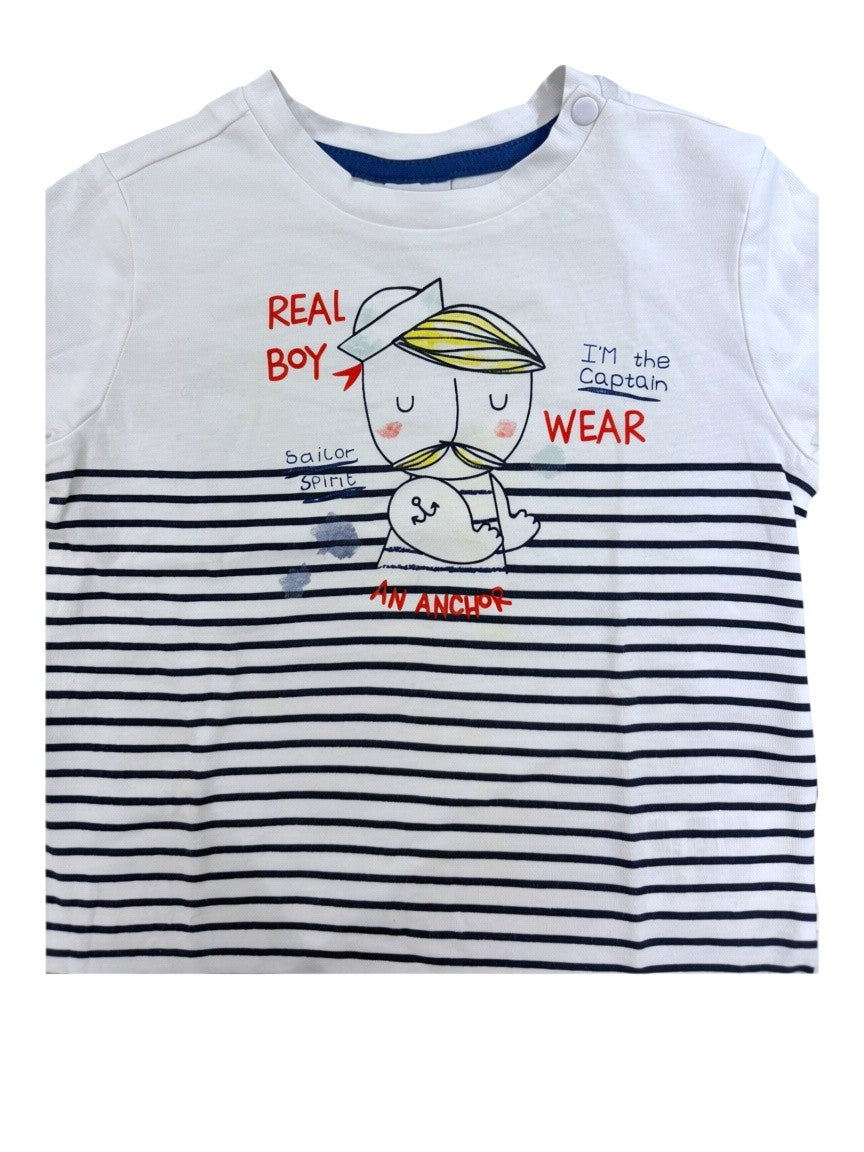 Fagottino Boy White Navy Striped Sailor Cotton T-Shirt, 18-24M / 86 - second hand baby clothing