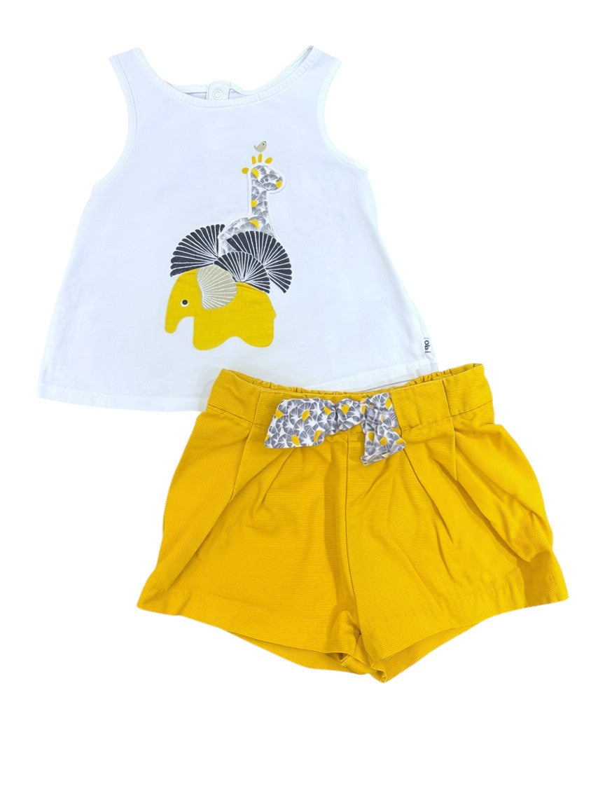 Obaïbi White & Mustard Giraffe Set size 12M - second hand baby clothing