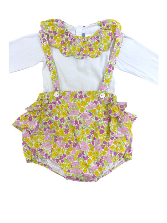 Jacadi White Long-Sleeve Bodysuit with Liberty Floral Ruffle & Floral Overalls set (18-24M)