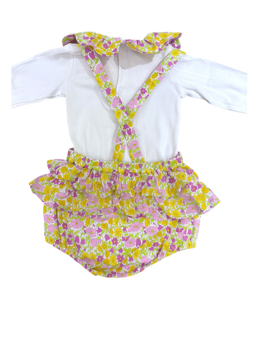 Jacadi White Long-Sleeve Bodysuit with Liberty Floral Ruffle & Floral Overalls set (18-24M)