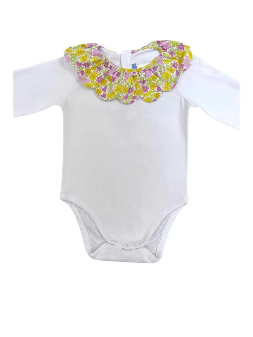 Jacadi White Long-Sleeve Bodysuit with Liberty Floral Ruffle & Floral Overalls set (18-24M)