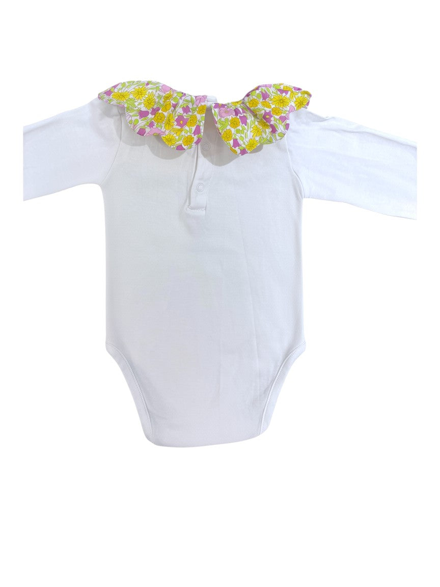 Jacadi White Long-Sleeve Bodysuit with Liberty Floral Ruffle & Floral Overalls set (18-24M)