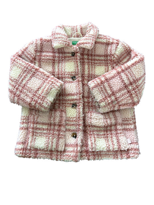 United Colors of Benetton Pink & Cream Check Teddy Coat size 3-4Y / 104 - second hand baby clothing