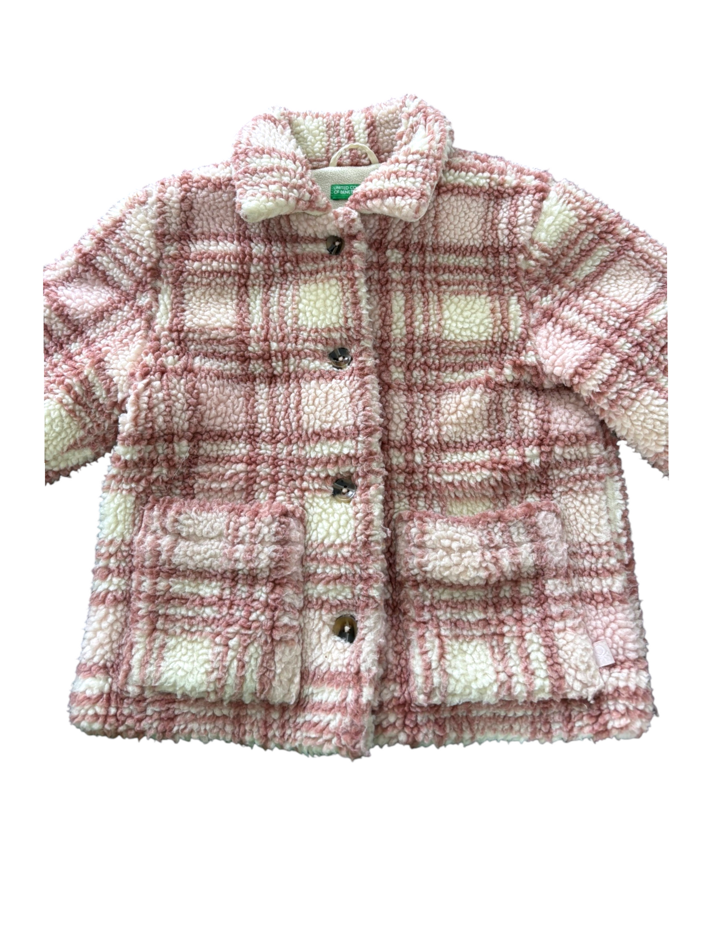 United Colors of Benetton Pink & Cream Check Teddy Coat size 3-4Y / 104 - second hand baby clothing