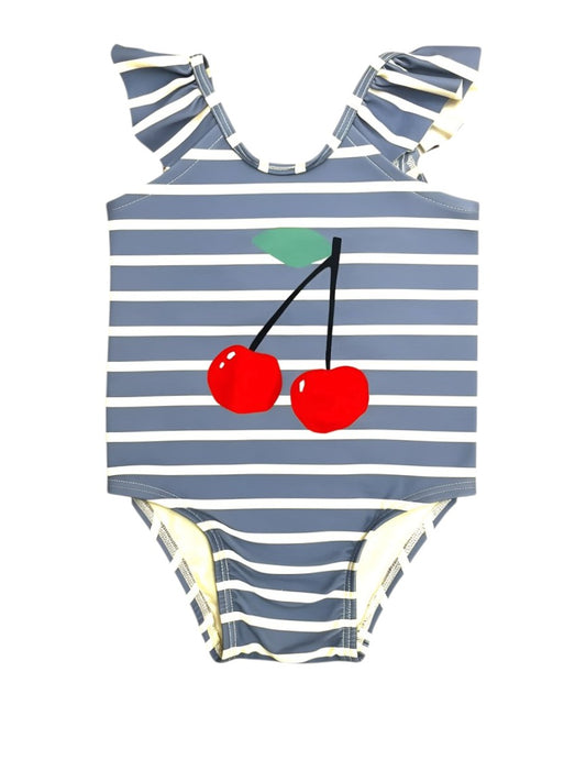 Baby Gap Girls Periwinkle Striped Cherry Swimsuit, 6-12M - second hand baby clothing