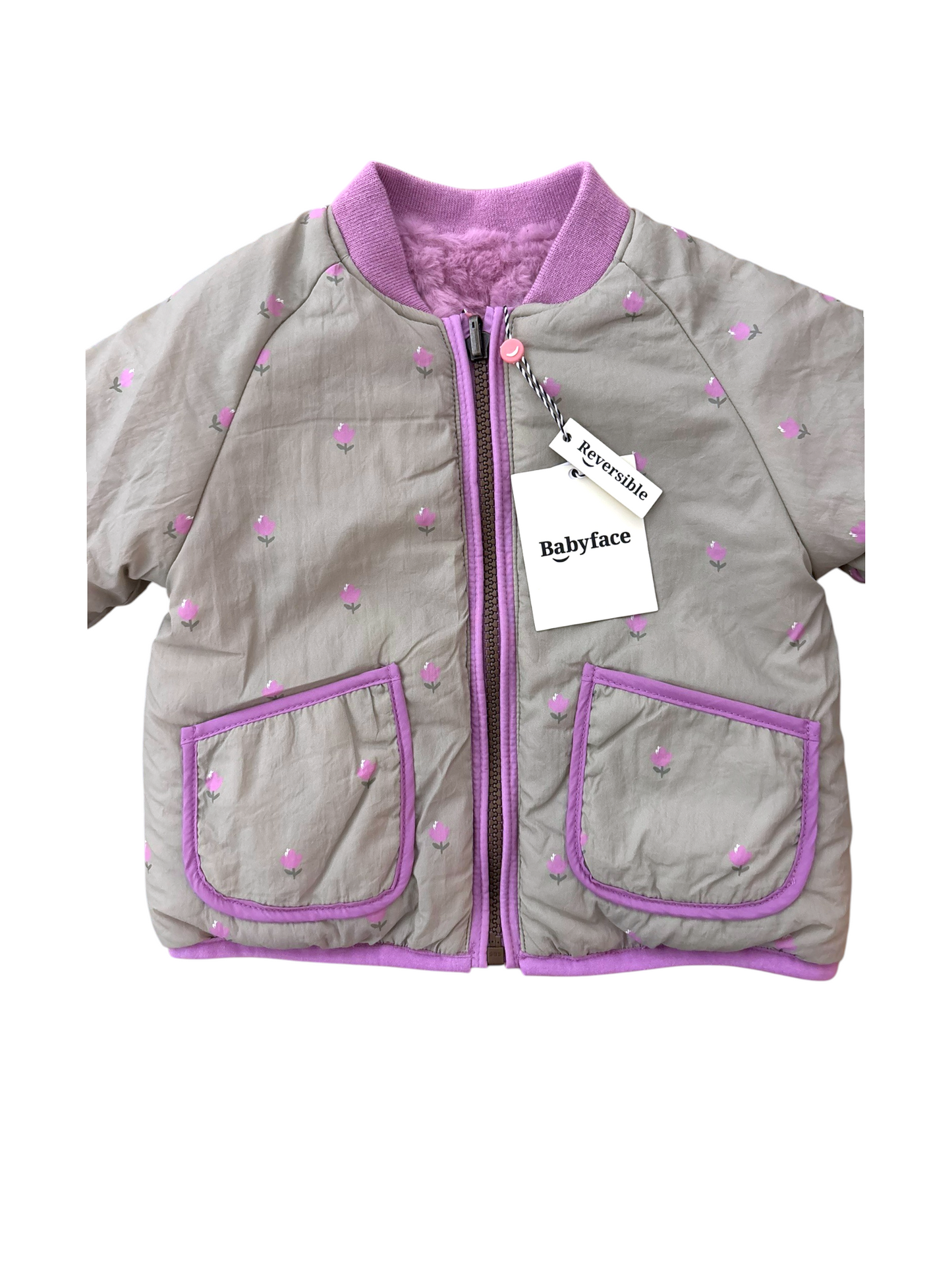 Babyface Girl Grey Floral Reversible Padded Jacket, 12M