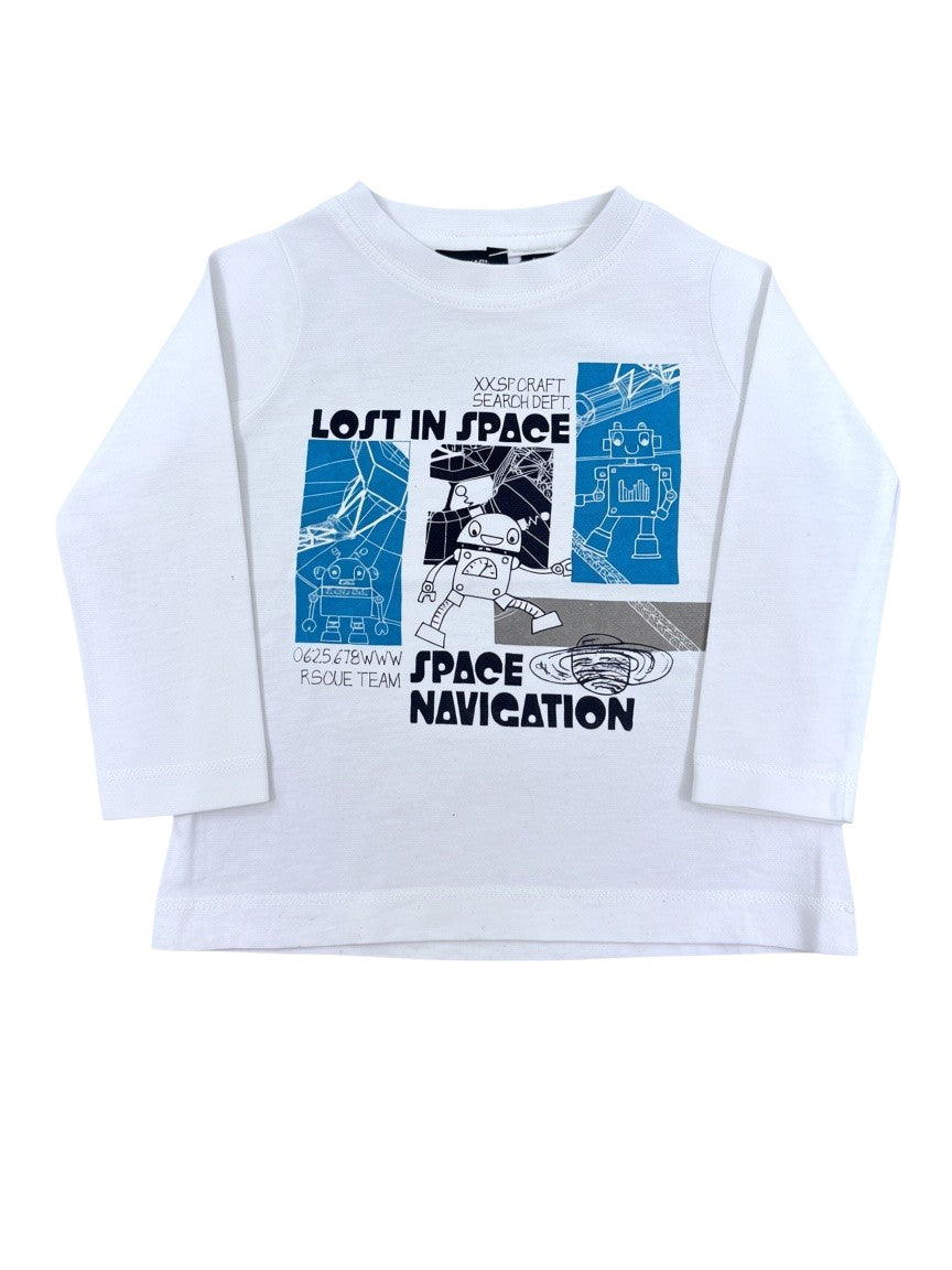 Blue Seven Boy White Lost In Space Robot Cotton Long Sleeve Top, 9-12M / 74