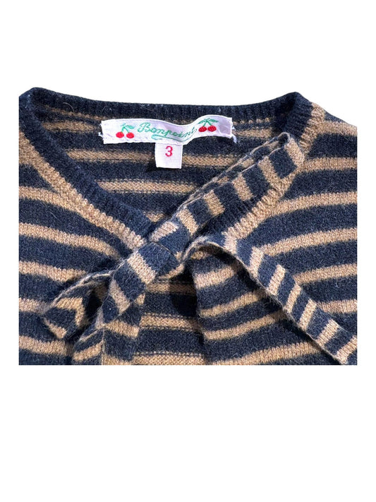 Bonpoint Girl Black Camel Striped Knit Tie-Neck Cardigan, 3Y - second hand baby clothing