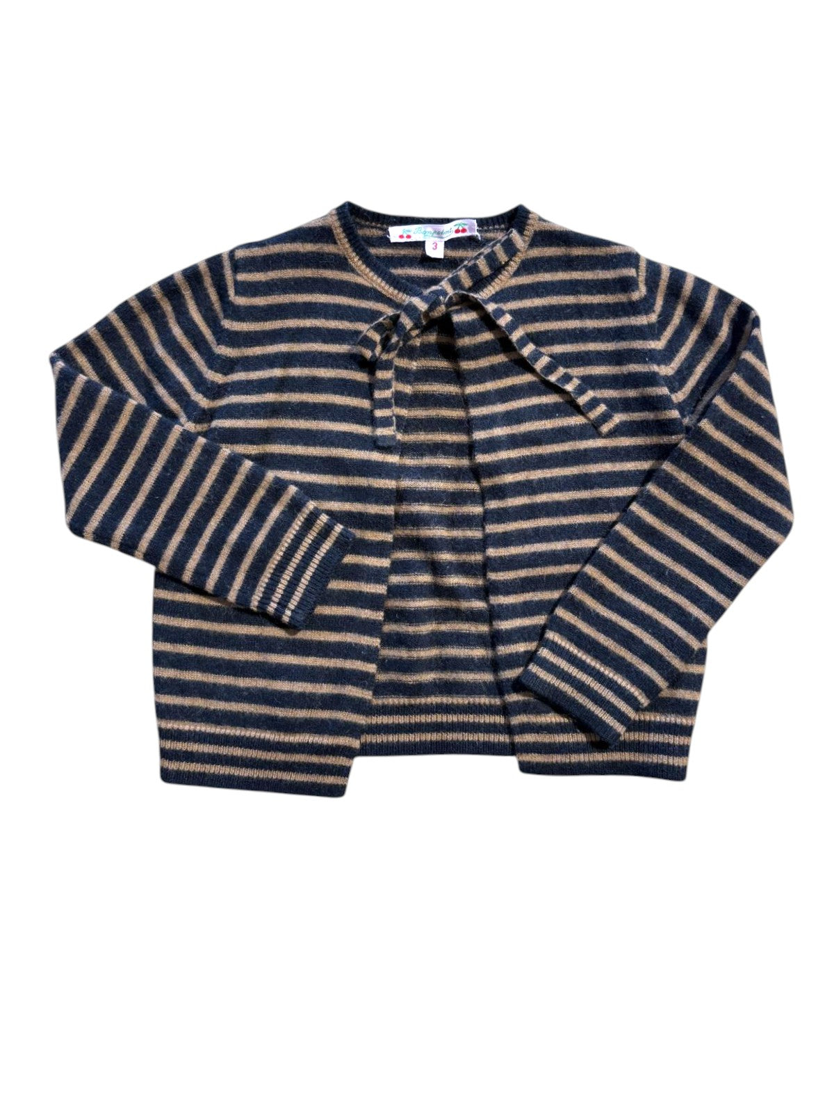 Bonpoint Girl Black Camel Striped Knit Tie-Neck Cardigan, 3Y - second hand baby clothing