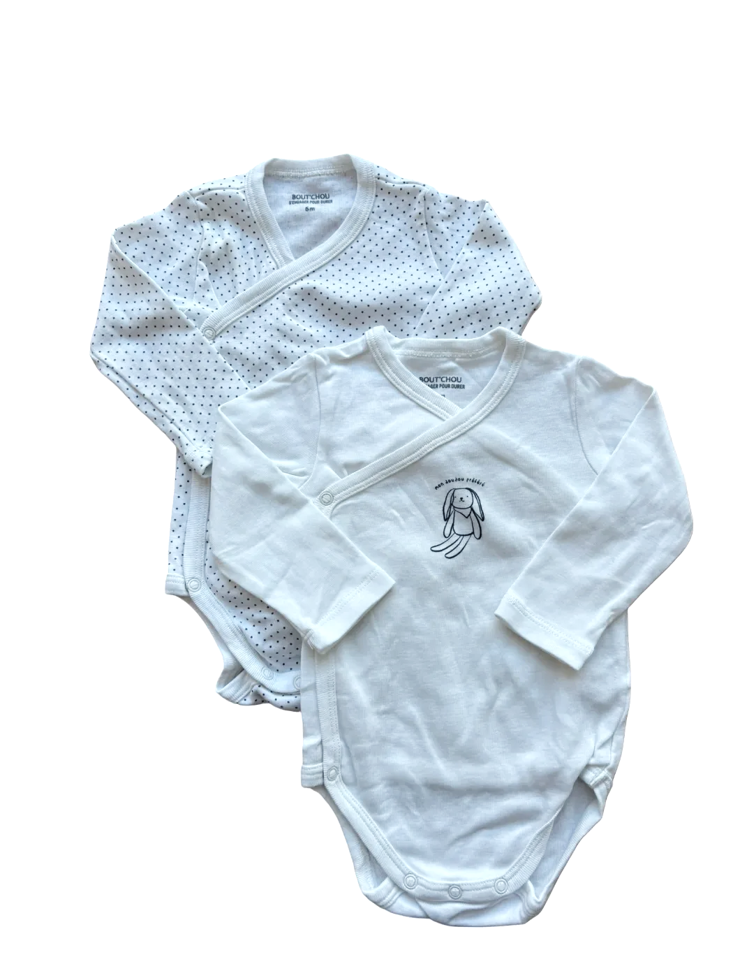 Ensemble de 2 bodys cache-cœur Bout'chou blancs à pois et lapin (6 mois)