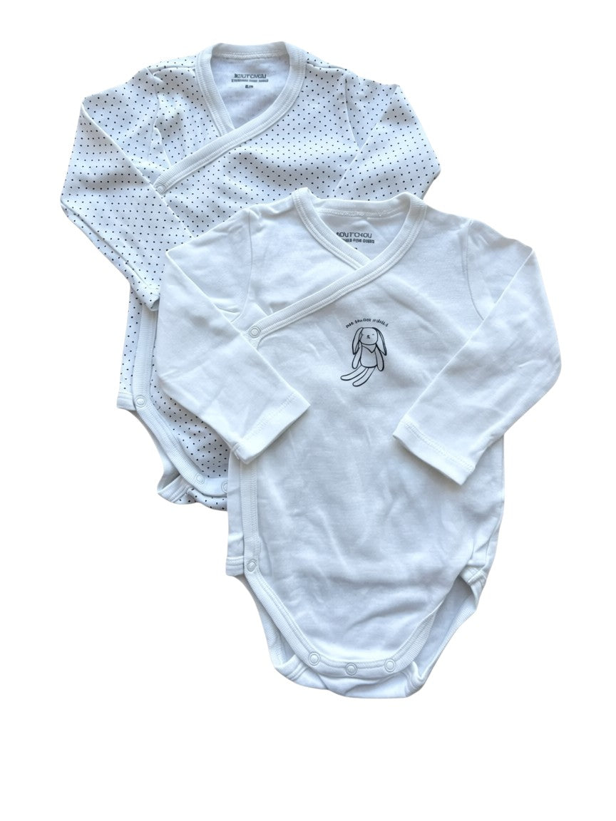 Bout'chou Bodysuits, weiß gepunktet und mit Hasenmotiv, Wickeloptik, 2er-Set (6M)