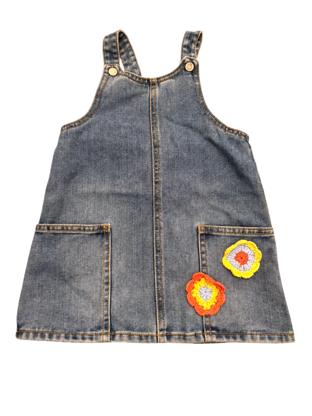 Brums Girl Blue Crochet Flower Denim Pinafore Dress, 18M - second hand baby clothing