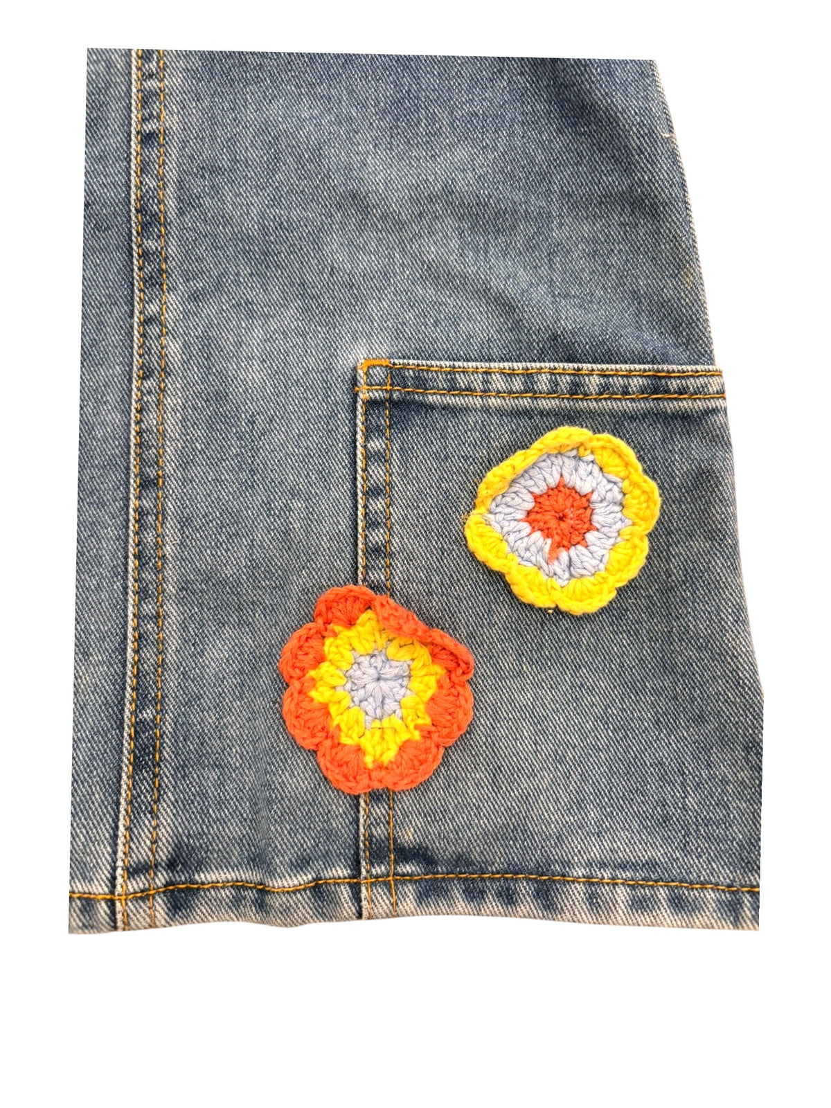 Brums Girl Blue Crochet Flower Denim Pinafore Dress, 18M - second hand baby clothing