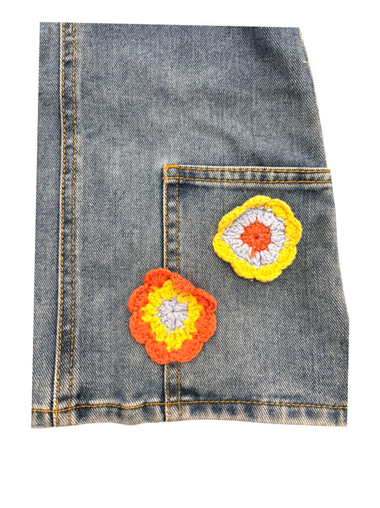 Brums Girl Blue Crochet Flower Denim Pinafore Dress, 18M - second hand baby clothing