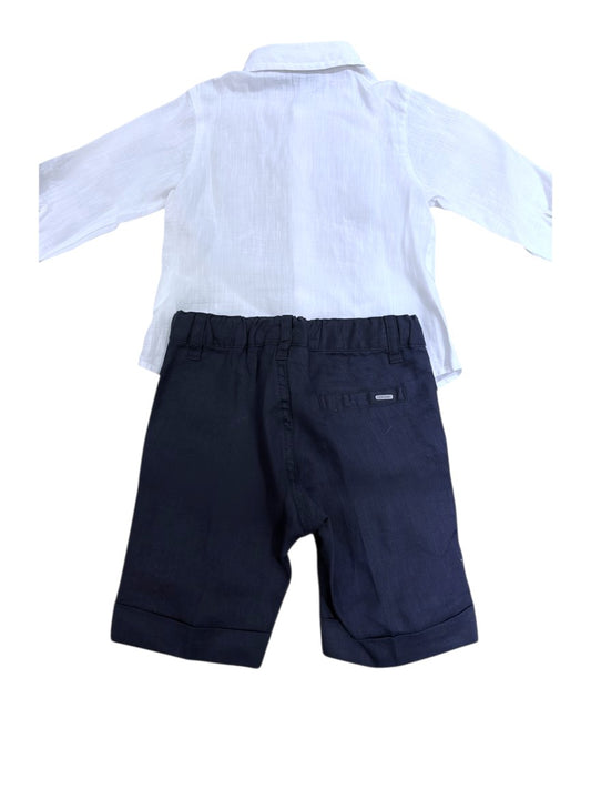 Brums White & Navy Linen Shirt & Shorts Set size 12M - second hand baby clothing
