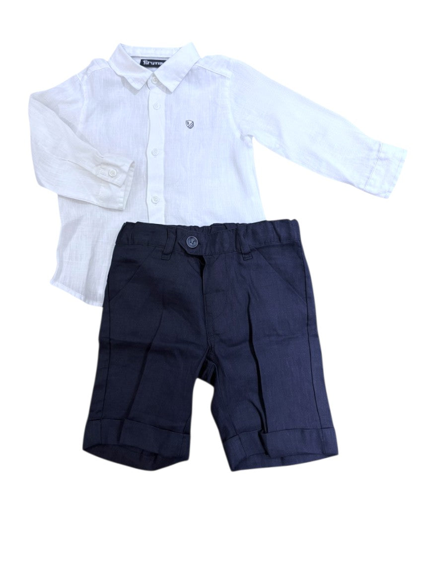 Brums White & Navy Linen Shirt & Shorts Set size 12M - second hand baby clothing