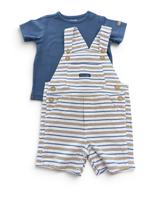 Calvin Klein Striped Overalls & Navy T-Shirt Outfit Set (12M / 74)
