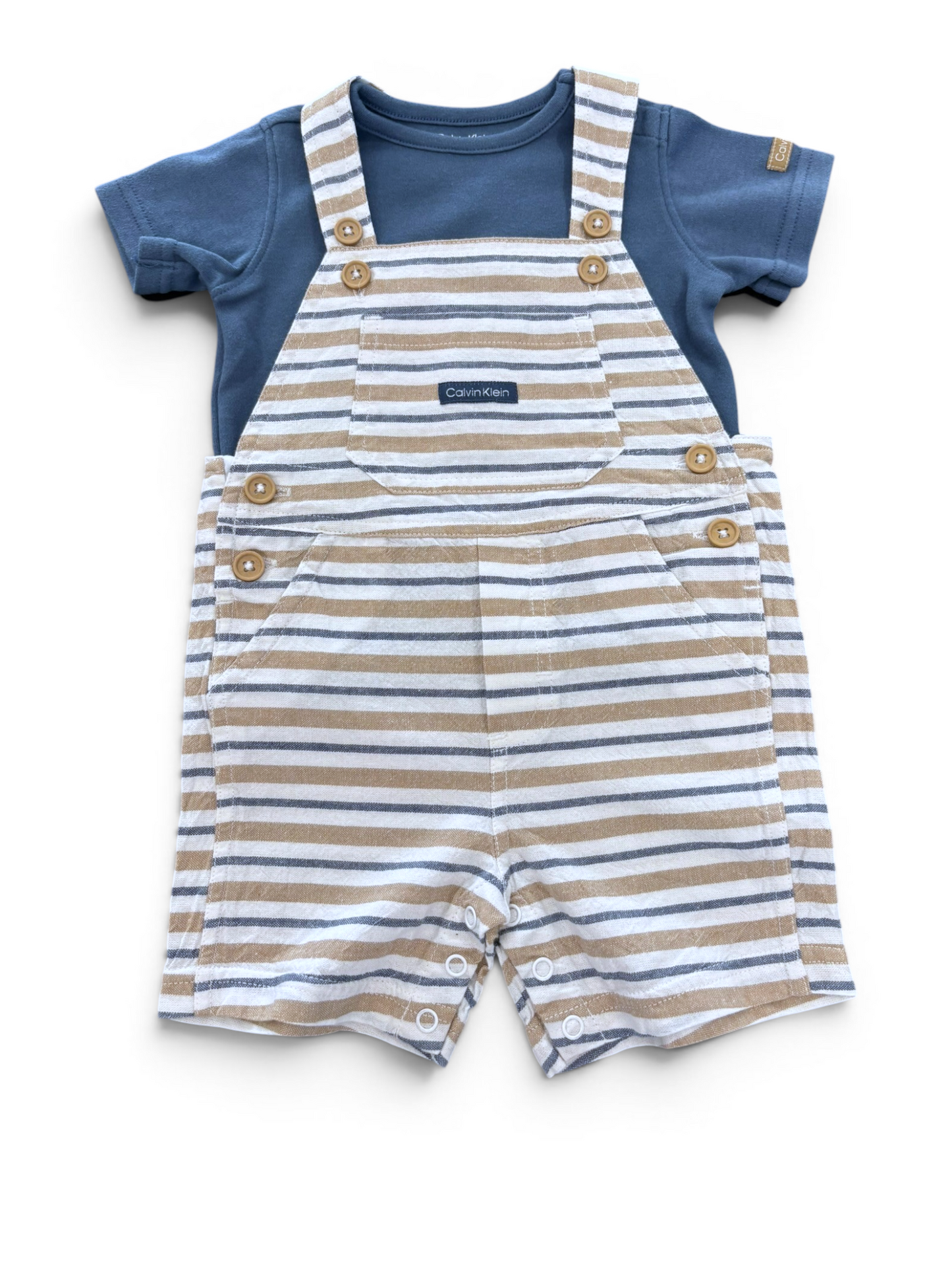 Calvin Klein Striped Overalls & Navy T-Shirt Outfit Set (12M / 74)