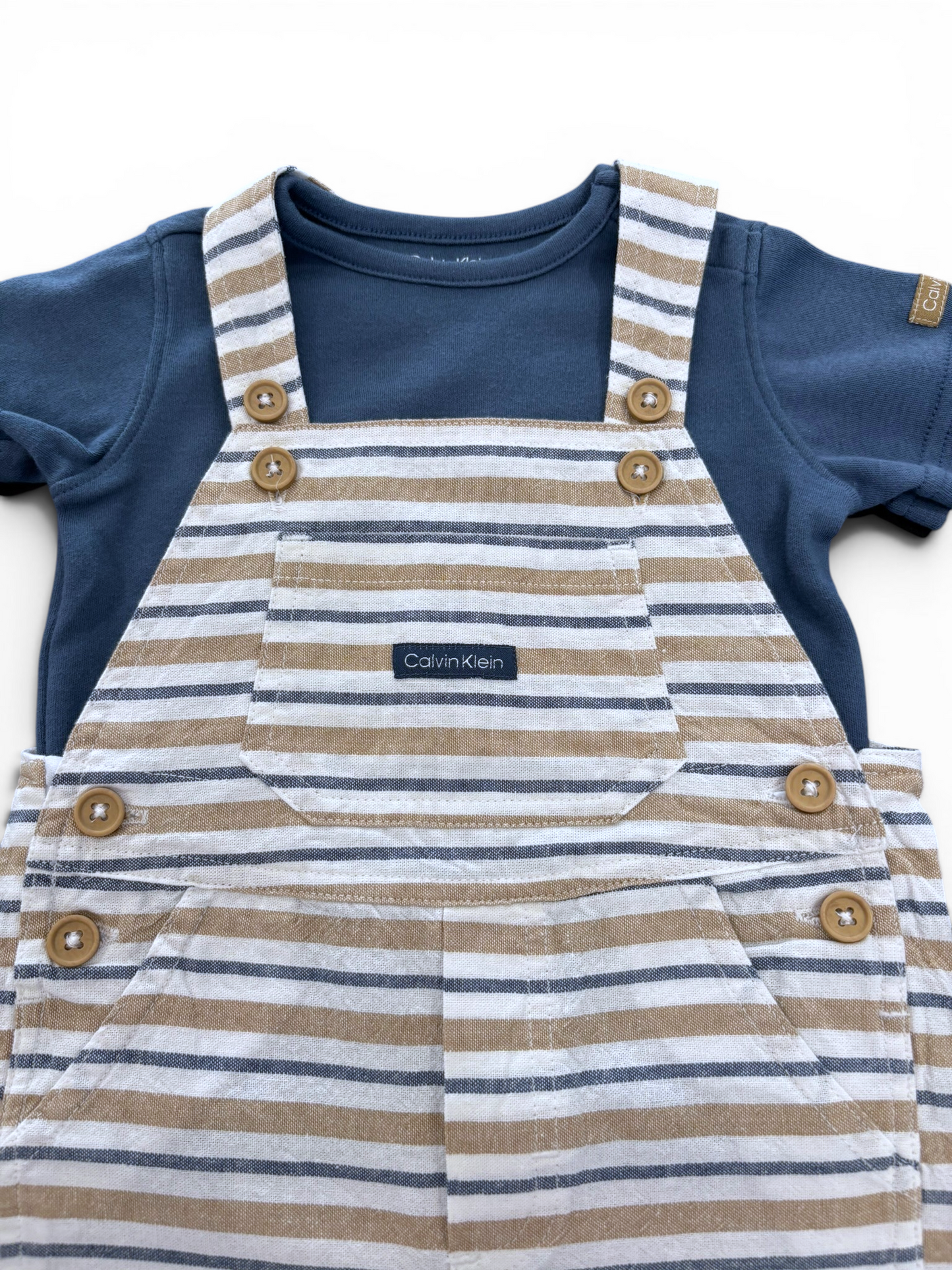 Calvin Klein Striped Overalls & Navy T-Shirt Outfit Set (12M / 74)