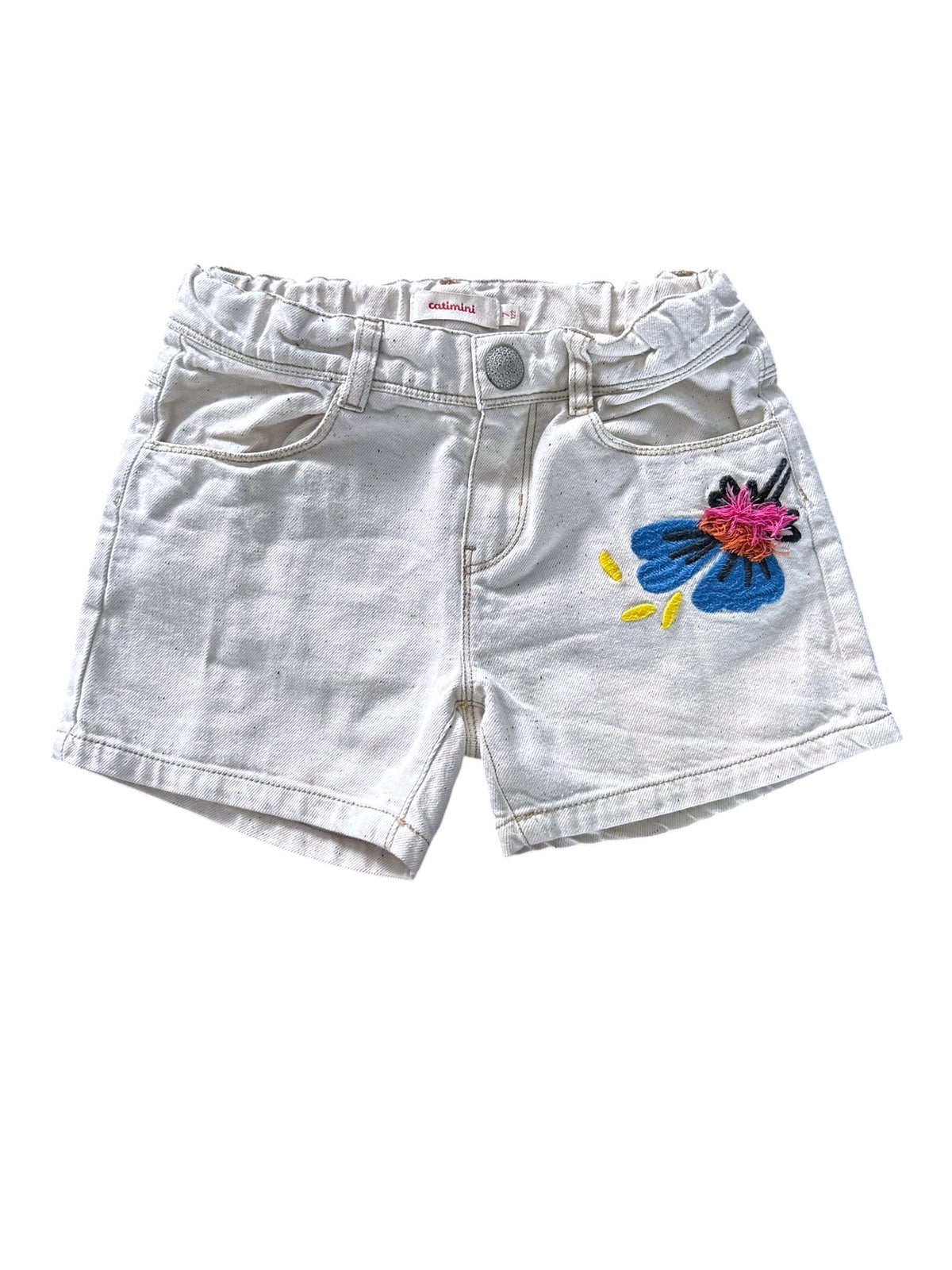 Catimini Girl Ecru Floral Embroidered Denim Shorts, 7Y / 122 - second hand baby clothing