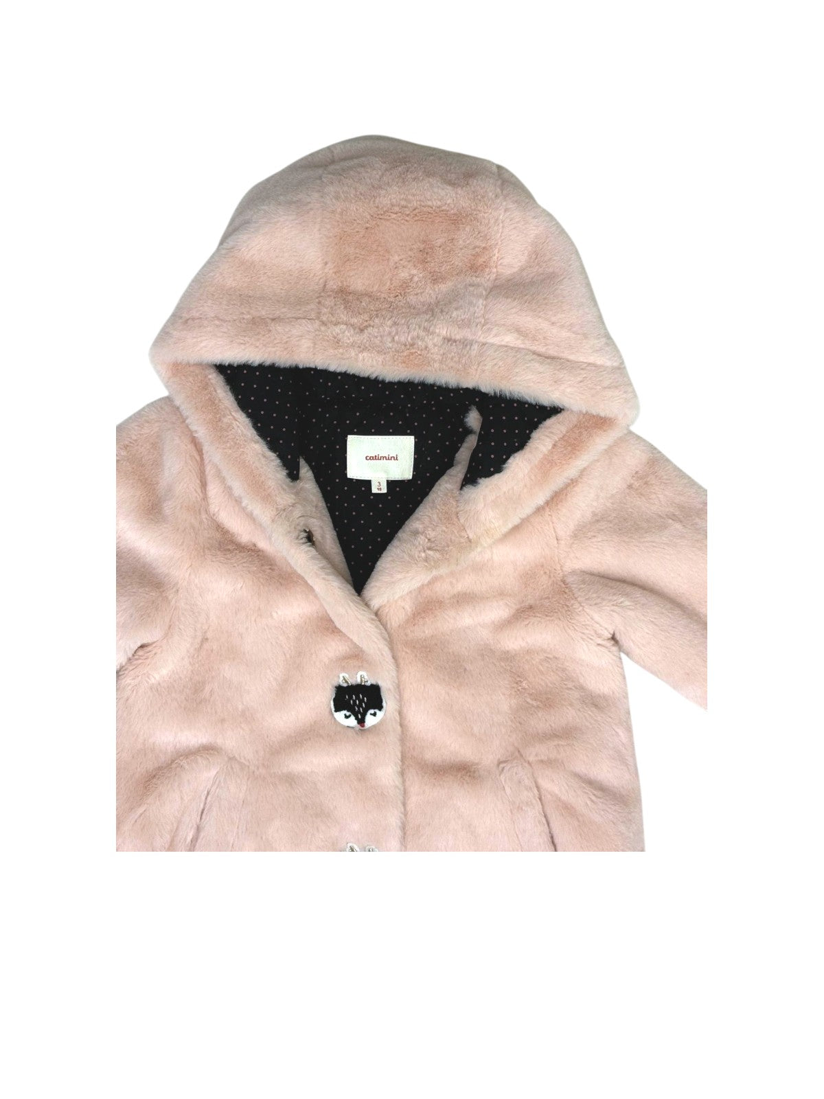 Catimini Girls Pink Fox Button Faux Fur Hooded Coat, 3Y / 98 - second hand baby clothing
