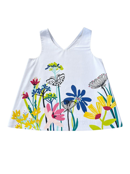 Catimini Girl White Wildflower Print Cotton Sleeveless Dress, 7Y / 122 - second hand baby clothing